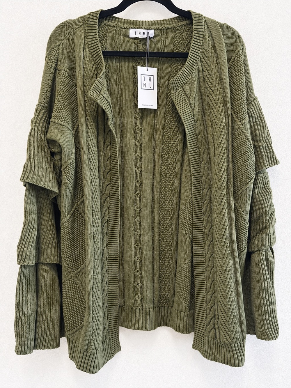 THML Olive Cable & Textured Open Front Cardigan